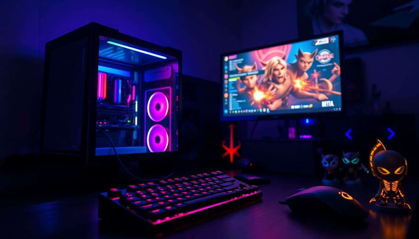 Menampilkan daftar ggsoft game pada setup gaming profesional dengan PC dan monitor berwarna cerah.