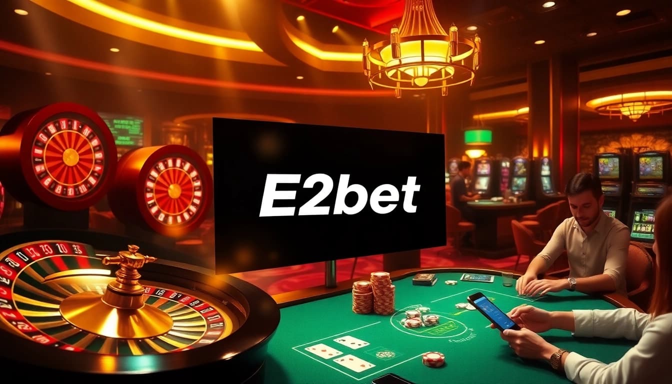 E2bet online gambling scene showcasing exciting casino tables and glowing slot machines.