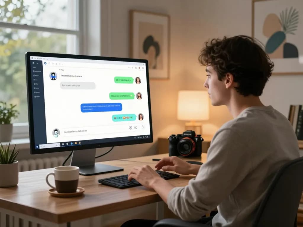 Interactive sex chat ai session in a cozy home office with vibrant dialogue.