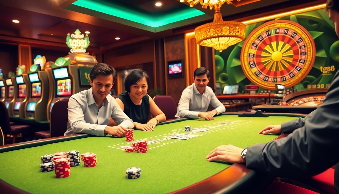 Engaging players enjoying high-stakes poker at tg88 casino with thrilling atmosphere and luxury.