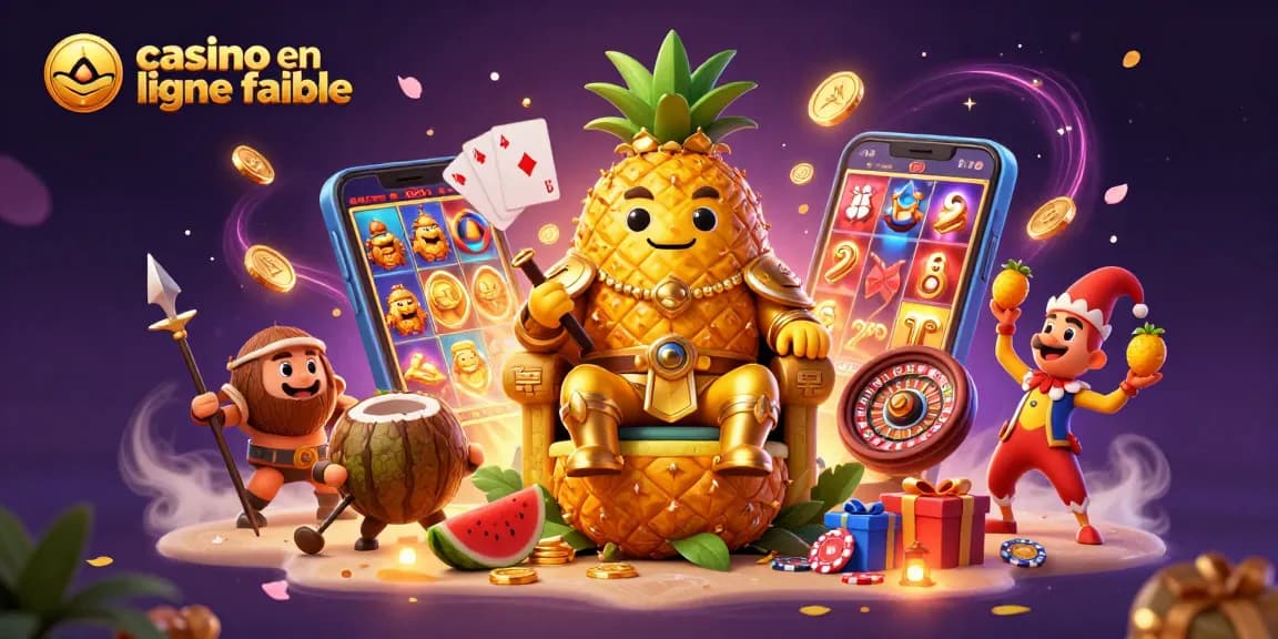 Une illustration animée de casino en ligne fiable mettant en scène le roi ananas sur son trône entouré de garde-cocotier.