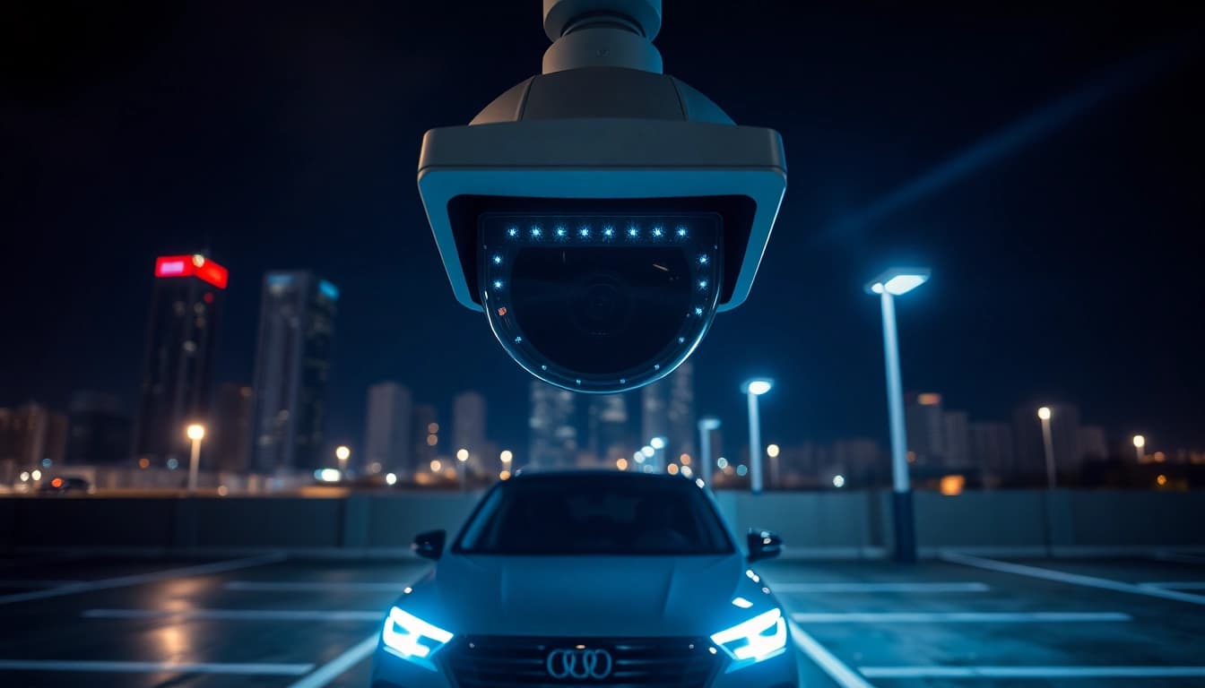 Capture of a license plate recognition camera mounted above a parked vehicle, enhancing security features.