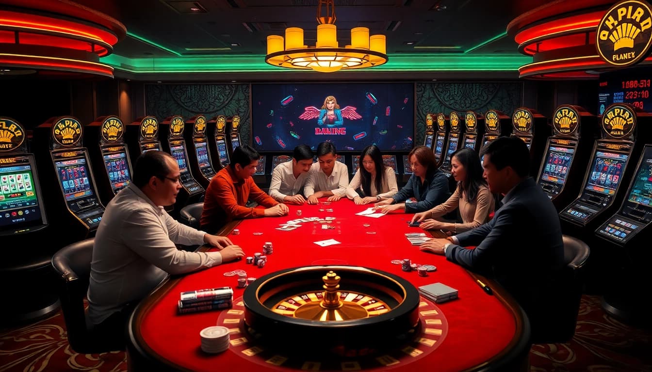 Exciting casino scene showcasing gamblers playing poker while engaging with the apk jaya mobile app on smartphones.