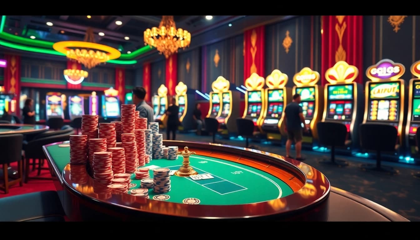 Engaging poker table scene at nhà cái gg88, showcasing vibrant chips and excitement.