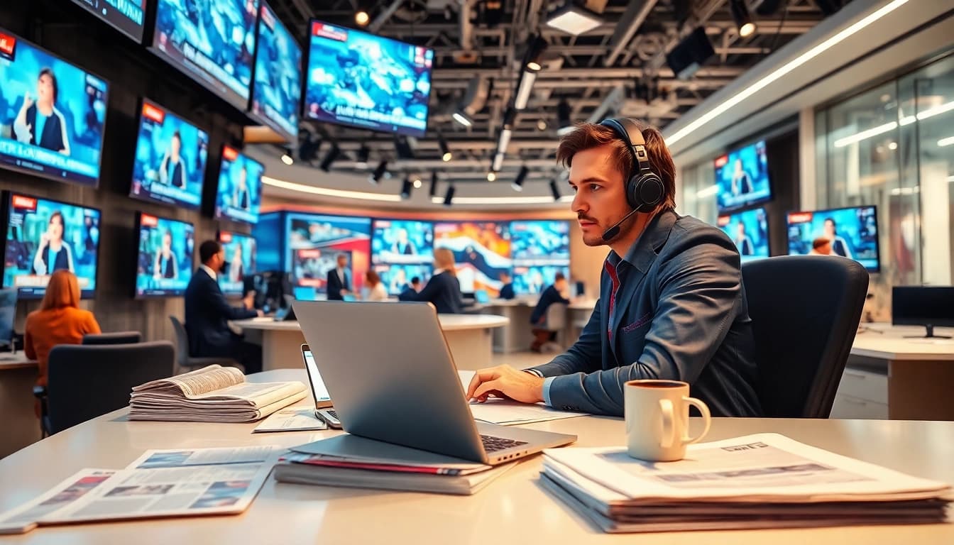 تغطية إمارات نيوز داي. صحفي يعمل في غرفة الأخبار، محاط بشاشات تعرض الأخبار العاجلة.
