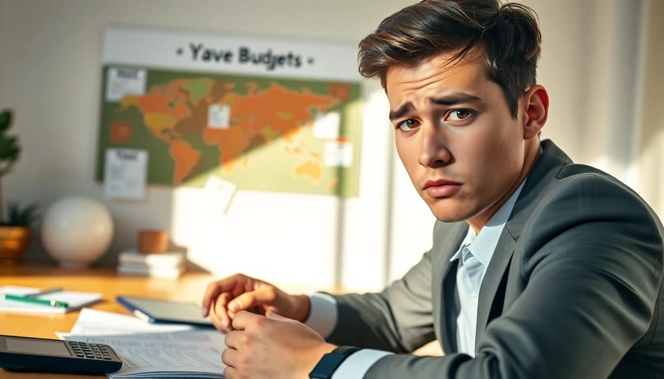 Young adult pondering the long-term consequences of not learning to save money amidst financial documents.