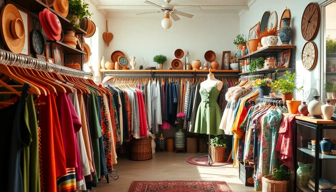 Discover unique treasures in a second hand shop filled with vibrant vintage clothing and accessories.