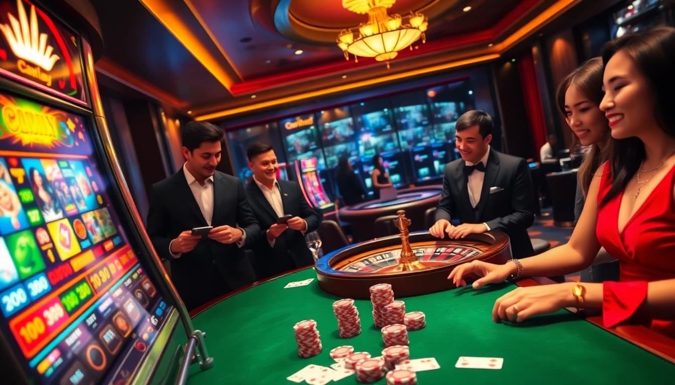 Excited players engaged with Oxplay's vibrant slot machines in a luxurious casino.