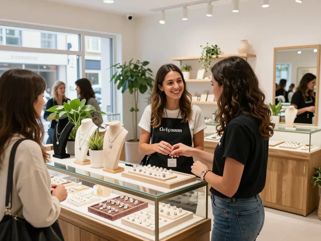 Shopping for a knockout post in a vibrant jewelry store showcasing exquisite rings and necklaces.