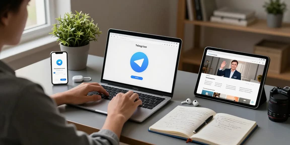 Installing Telegram in China with a VPN in a modern home office setting.