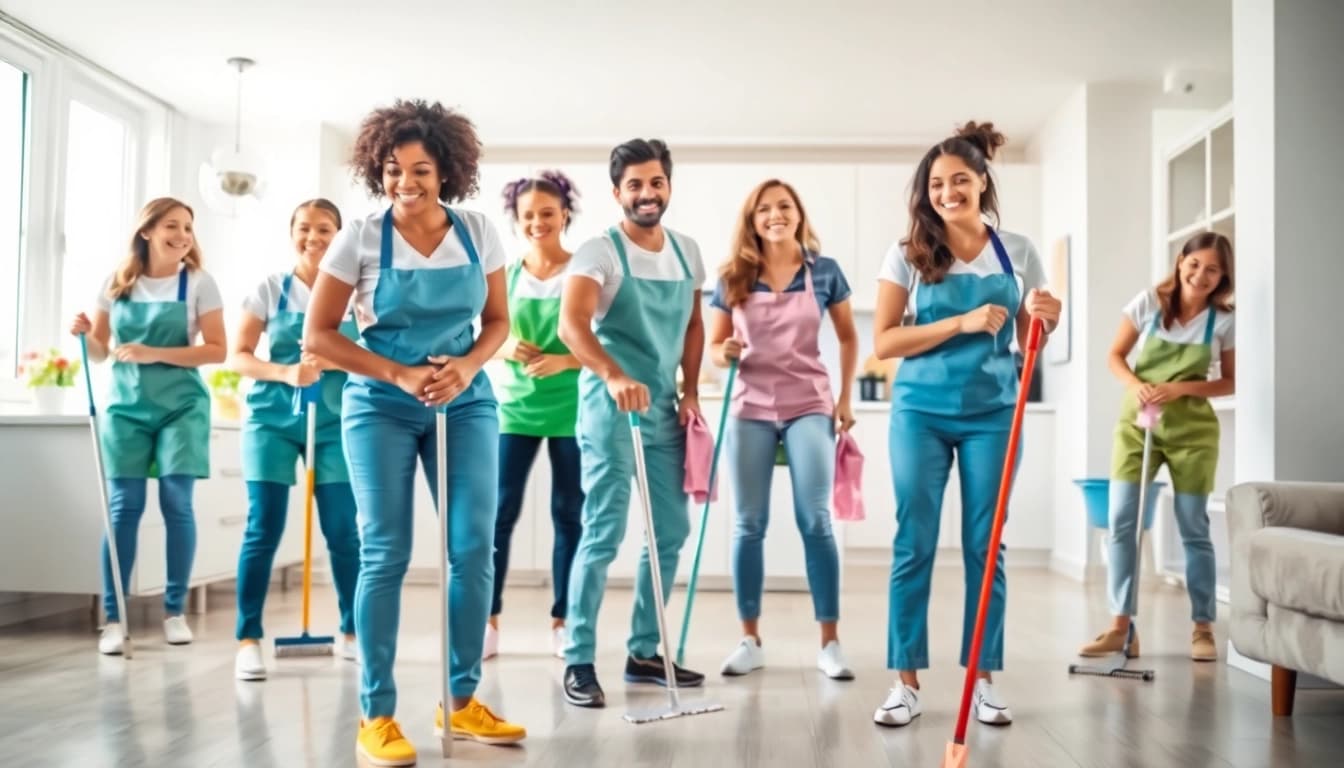 Efficient cleaning service team transforming a bright home into a spotless space.