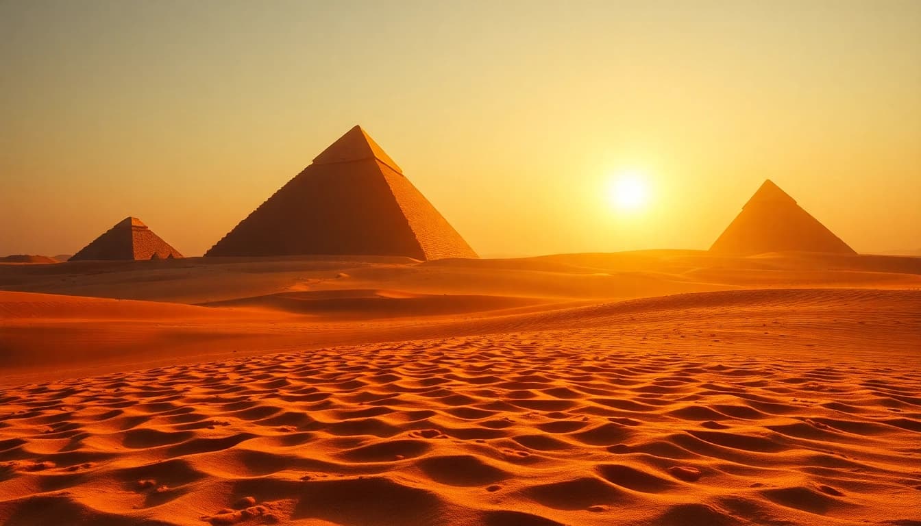 Discovering the grandeur of piraminds set against a stunning desert sunset.