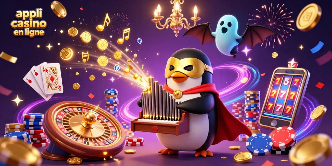 Profitez de l'appli casino en ligne avec cette illustration captivante mettant en vedette des éléments de jeu dynamiques.
