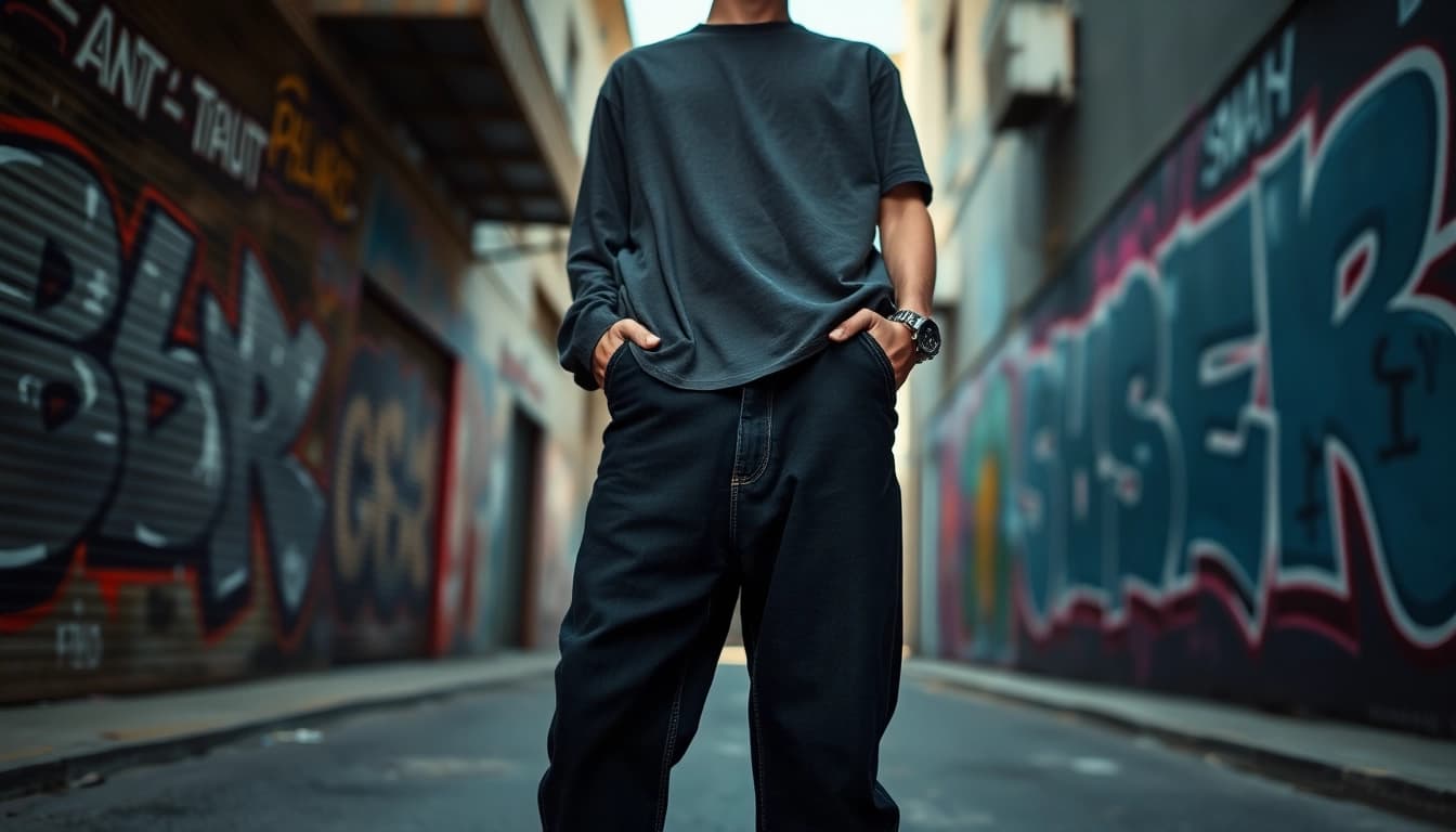 Model showcasing stylish baggy black jeans in an urban street setting.
