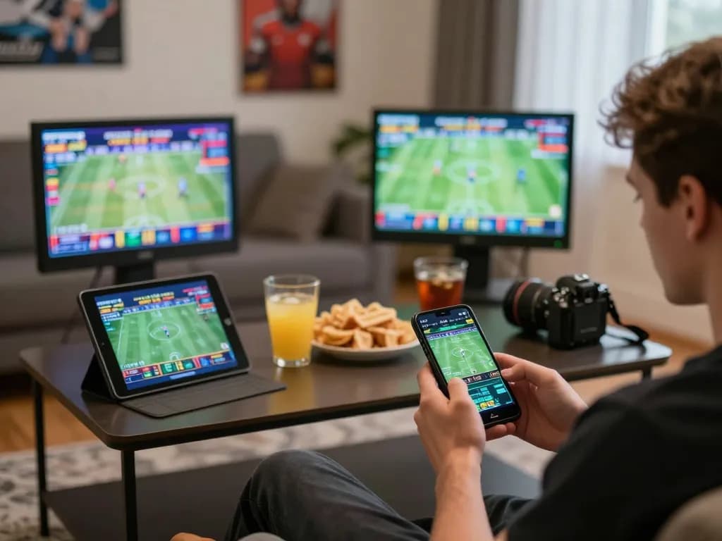 Engaging MB66 sports betting experience with a player on smartphone amidst cozy home setup.