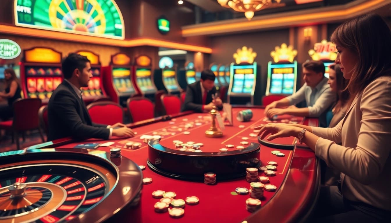 Players enjoying high-stakes gambling at a luxurious casino table featuring 79king con chips and cards.