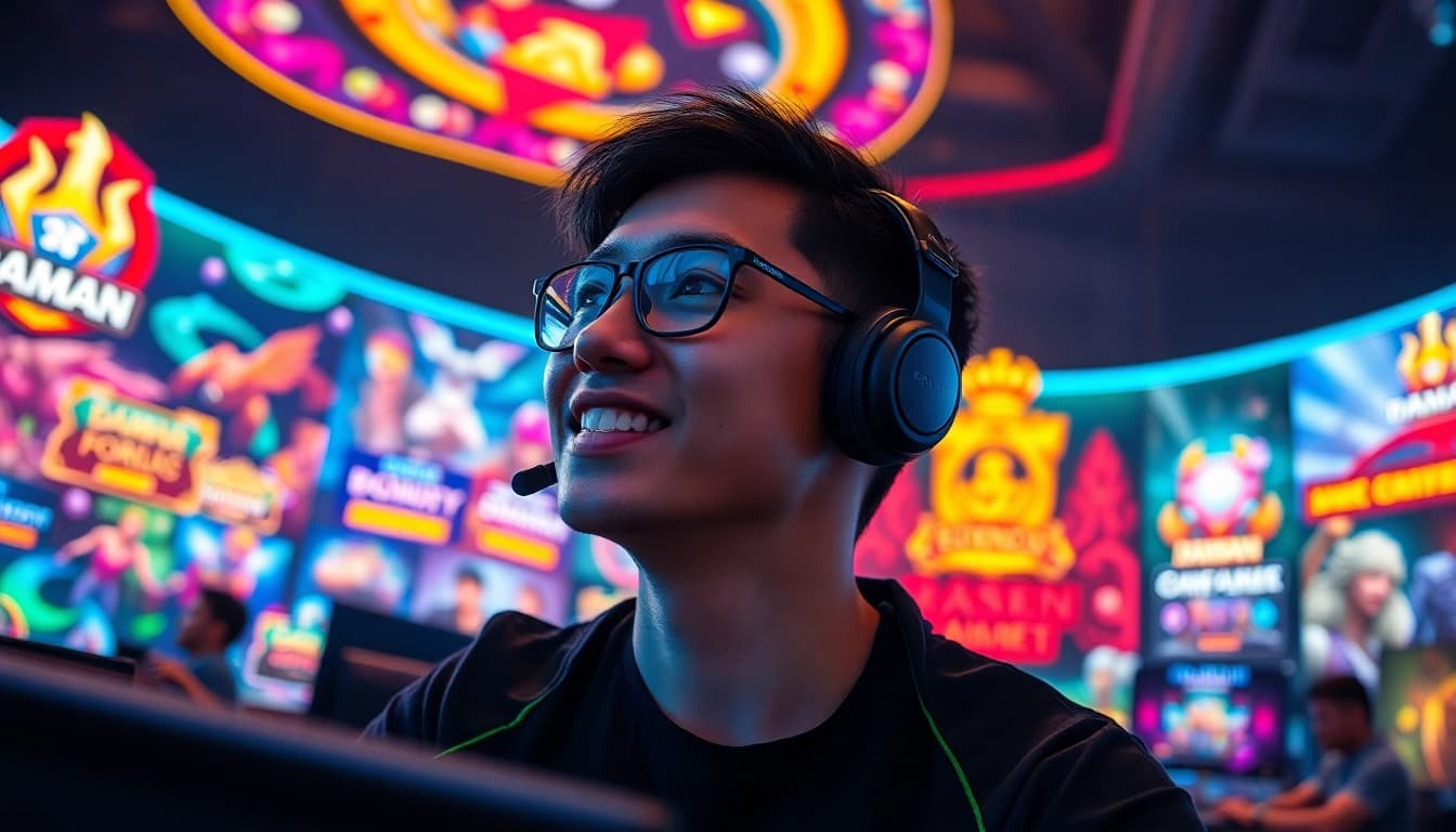 Engaged gamer immersed in vibrant daman games, showcasing excitement and dynamic visuals.