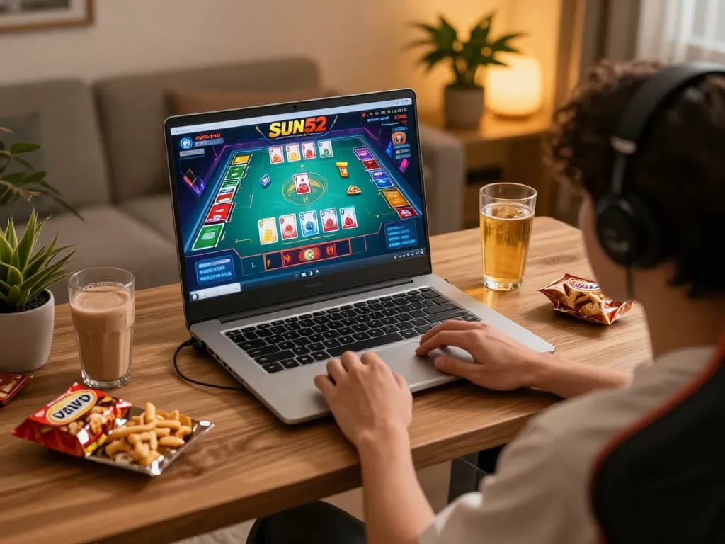 Player enjoying a game on Sun52 with vibrant graphics at a cozy home gaming setup.