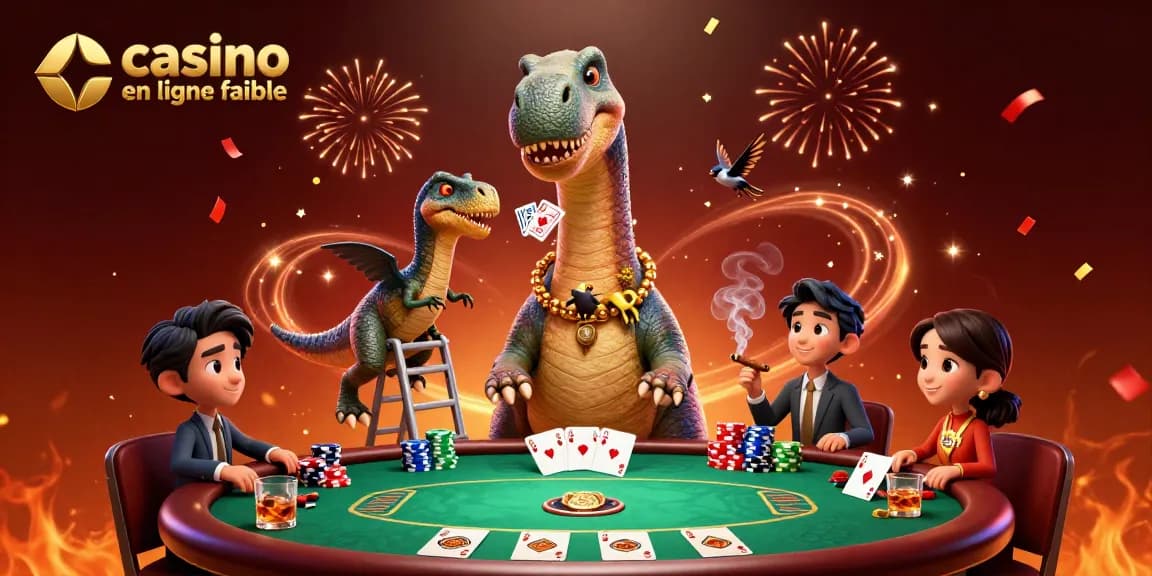 Illustration de casino en ligne fiable avec un brontosaurus géant et un raptor distribuant des cartes.