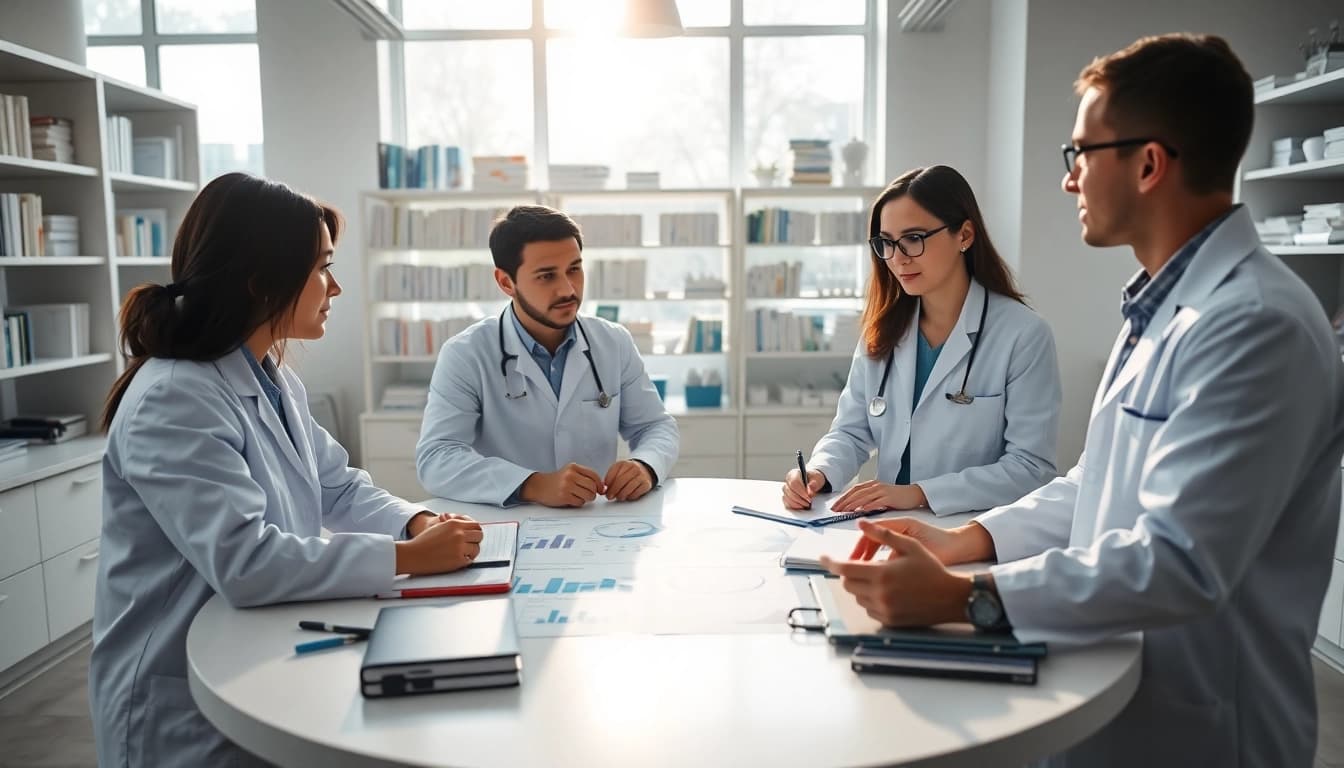 Researchers engaging in the ADAPTABLE Aspirin Study emphasizing collaboration in a modern lab.