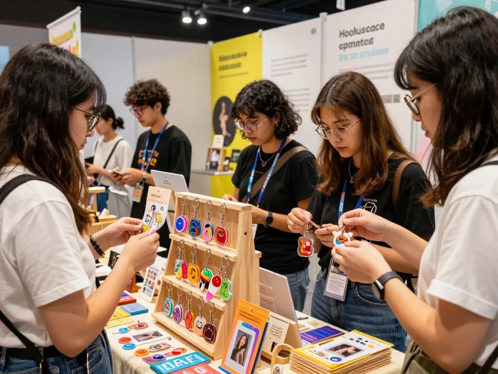 Engaging scene featuring diverse artists showcasing custom keychains with vibrant designs at an e-commerce booth.