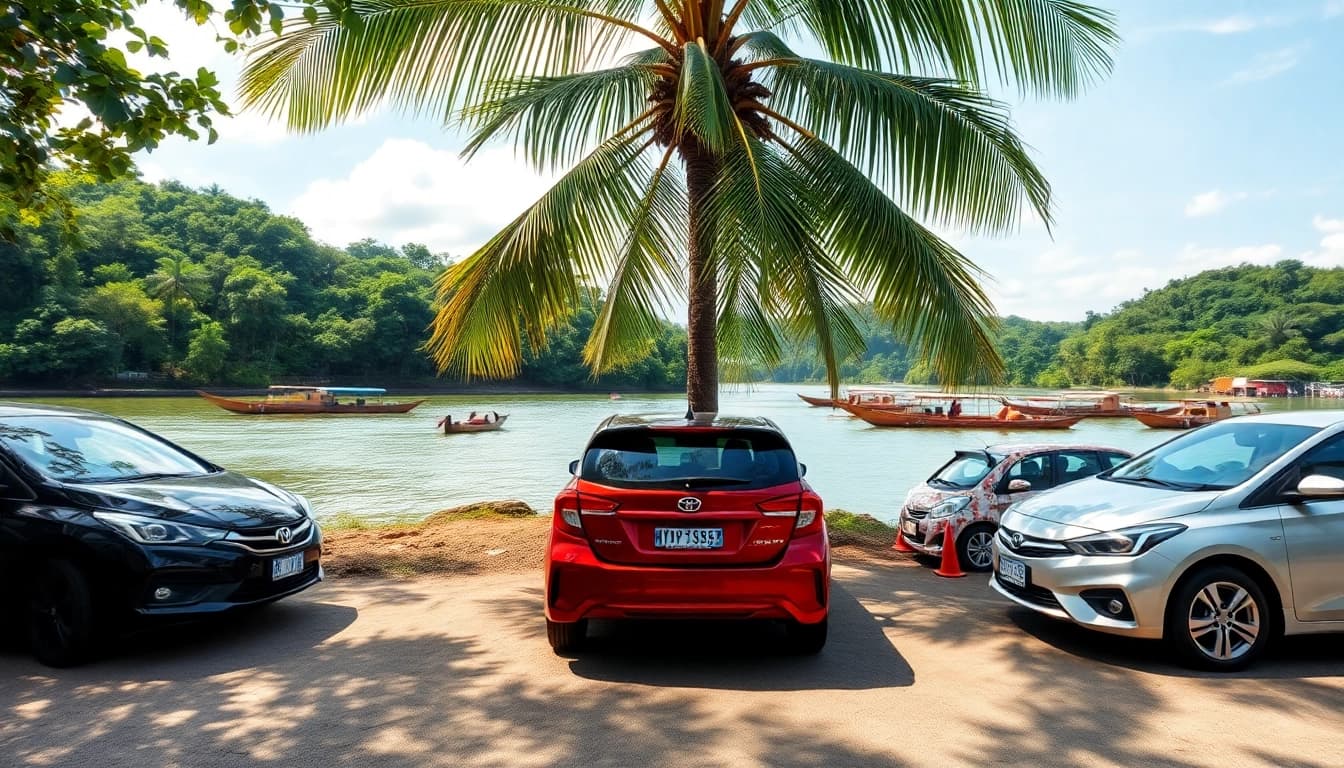 Explore diverse car rental options at Kuching's scenic landscape with lush greenery and serene river views.