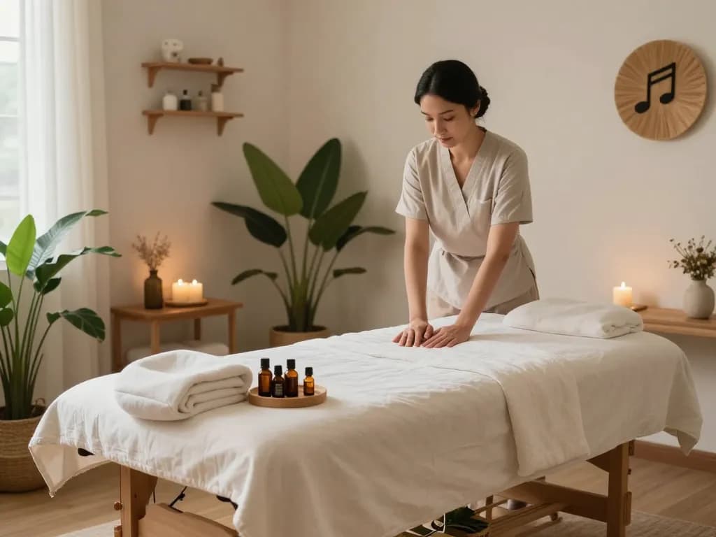Swedish massage therapy room featuring soft linens, essential oils, and calming decor for ultimate relaxation.