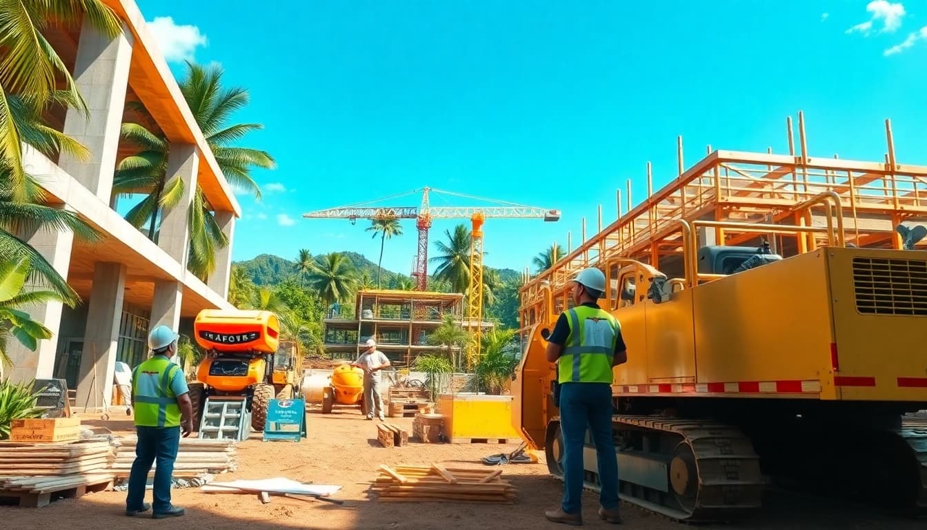 Hawaii construction news highlighting professionals at work in a vibrant construction site.