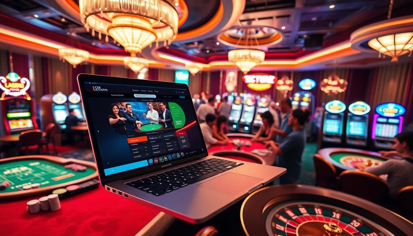 Engage in an exciting gaming experience at LC88, featuring dynamic casino tables and vibrant slot machines.