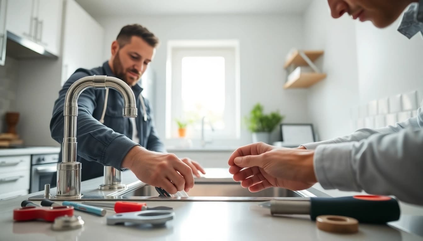 Skilled plumber repairing plumbing fixtures in a modern kitchen, showcasing expertise and professionalism.