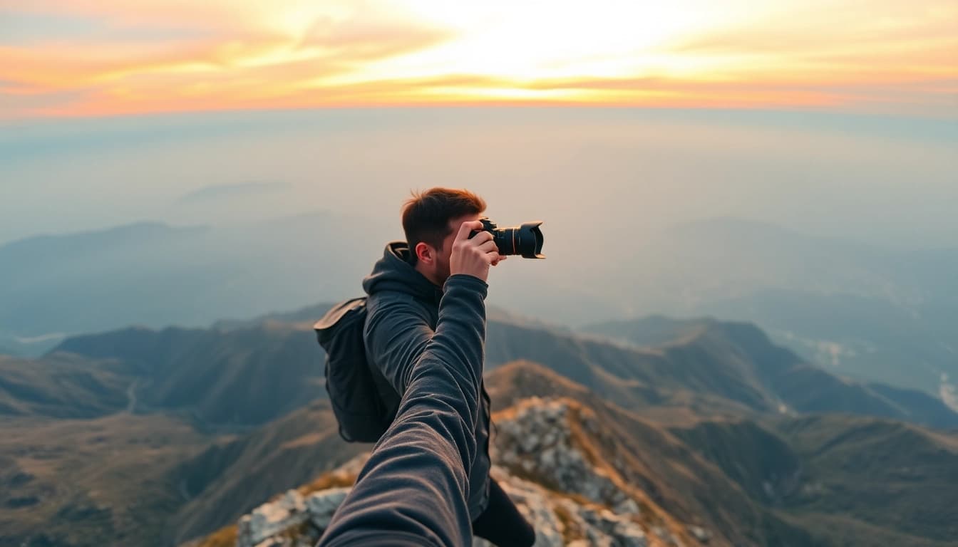 Capture stunning landscapes with Insta360 camera during a vibrant sunset on a mountain.