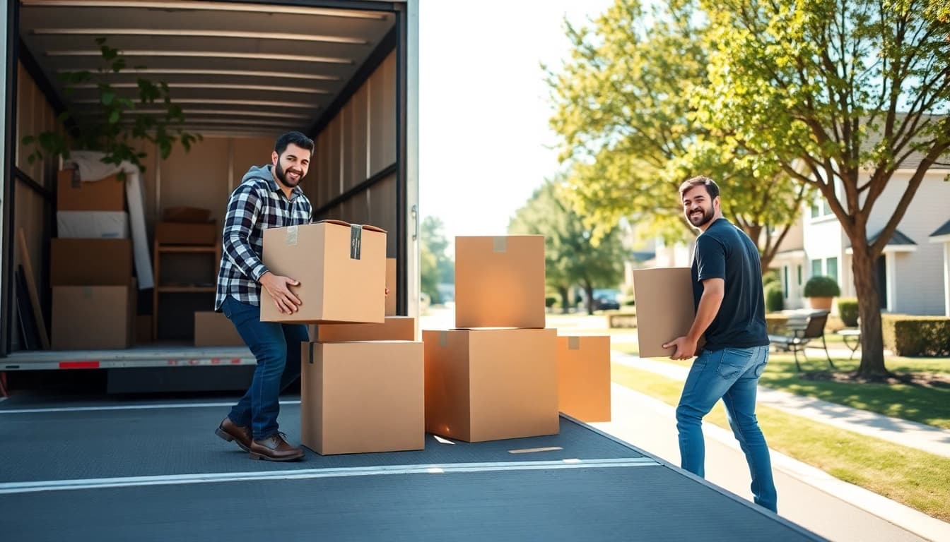 Movers hardeeville efficiently transporting boxes in a sunny neighborhood.