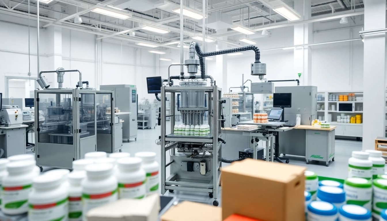 Showcase of private label supplement manufacturer uk highlighting clean manufacturing processes and equipment.