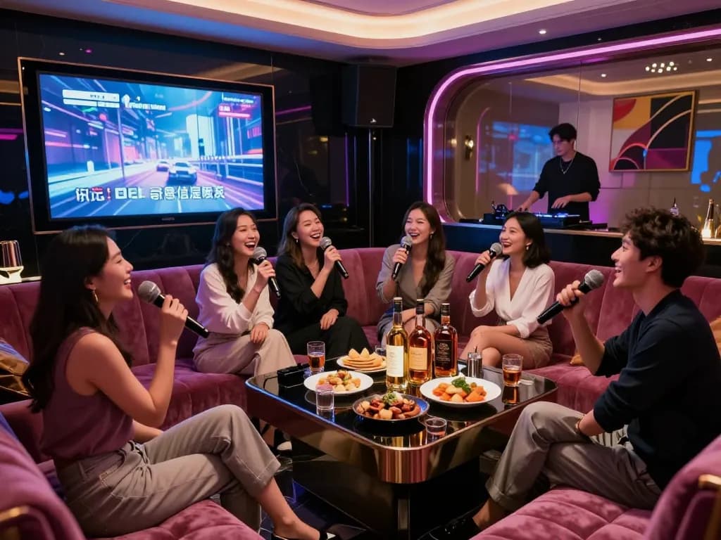 Group enjoying a lively karaoke experience at gangnamtune.com with premium drinks and vibrant atmosphere.