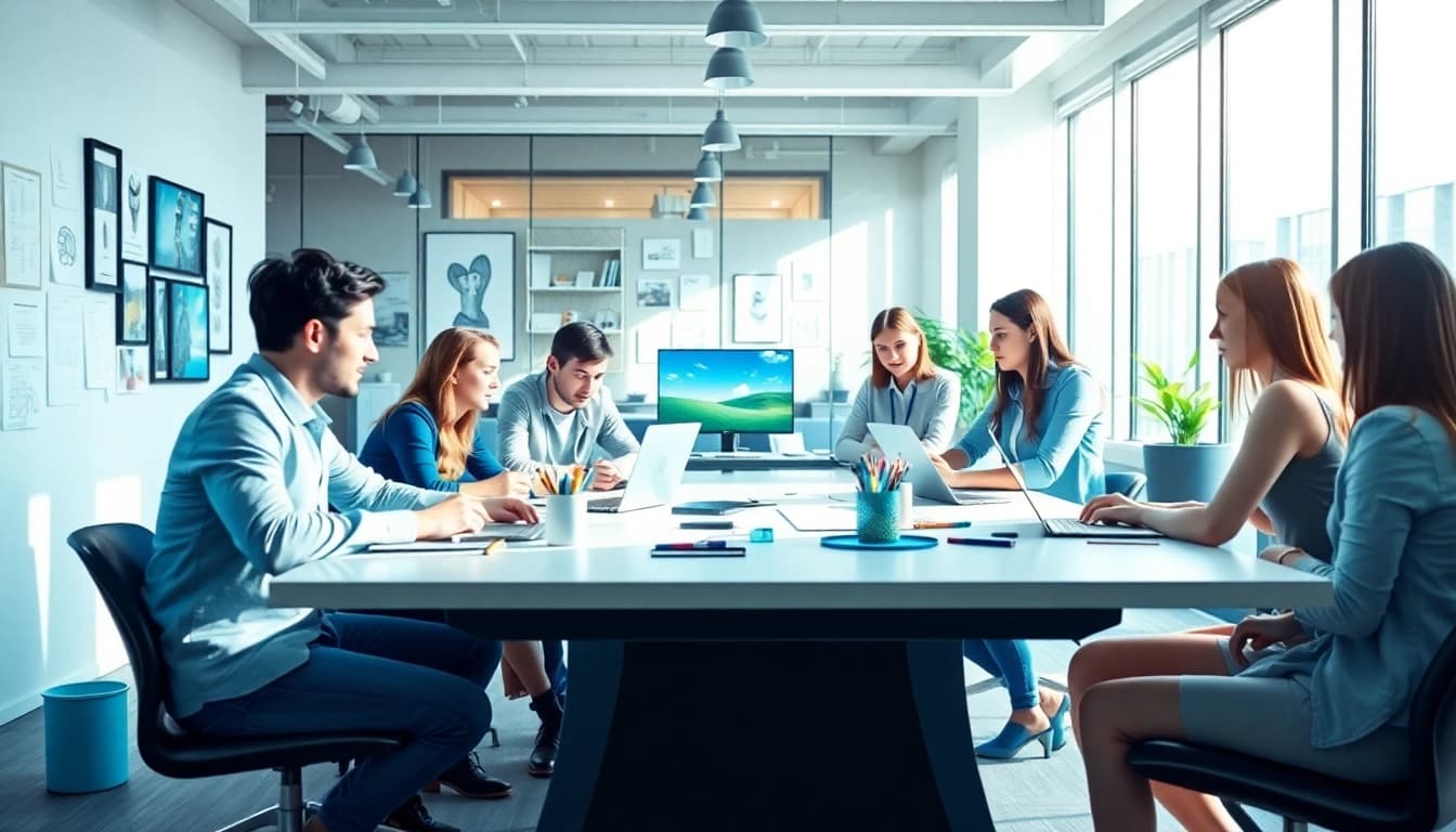 Webdesign-Agentur-Team arbeitet innovativ und kreativ an einem Projekt.