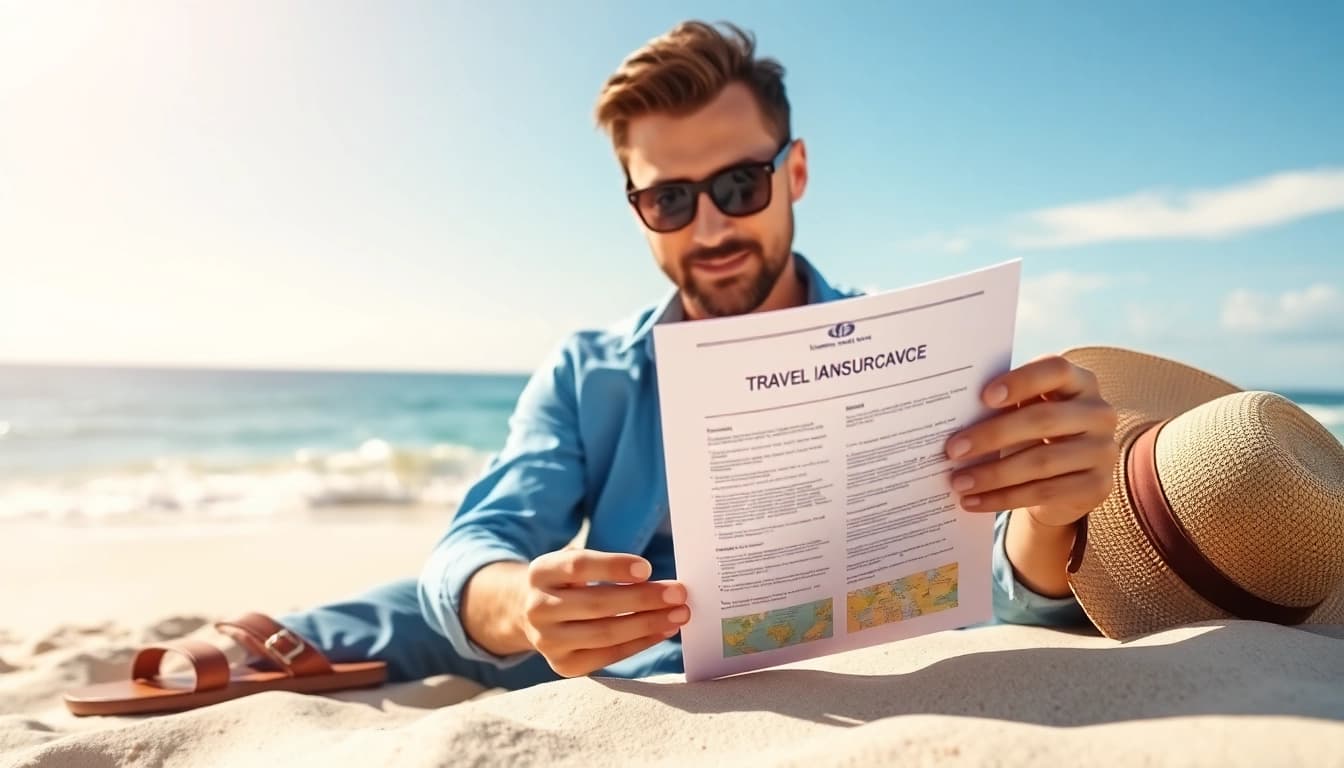 Traveler reviewing travel insurance cover on a sunny beach with ocean backdrop.