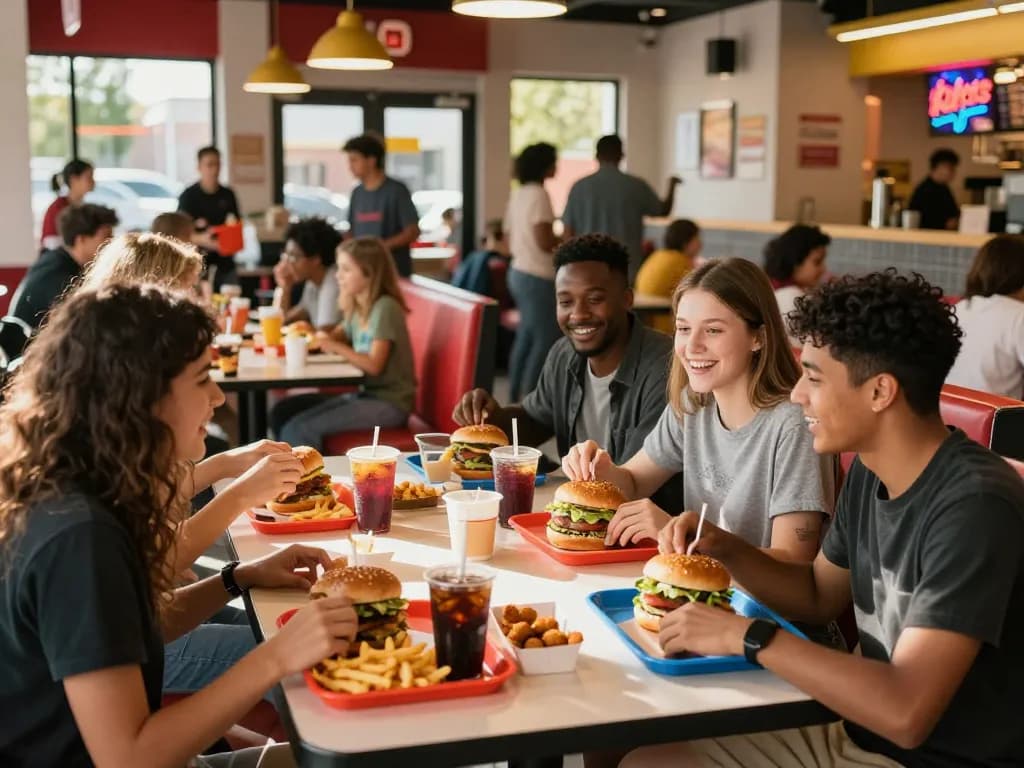 Fast food prices reflected in a lively restaurant dining scene with friends enjoying meals together.