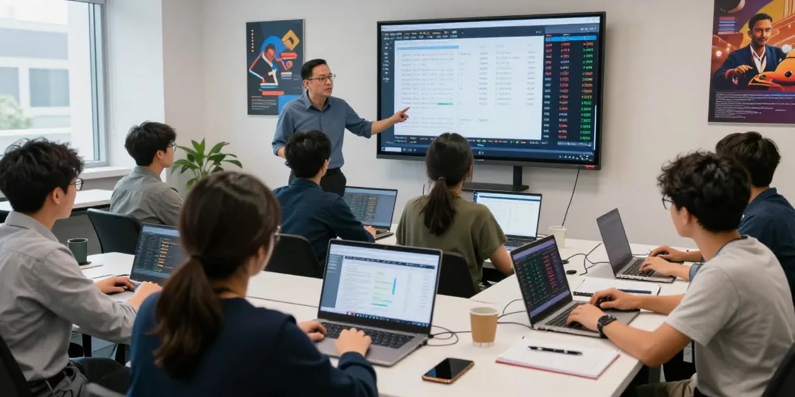 Engaged students in an online trading institute classroom analyzing stock market data.