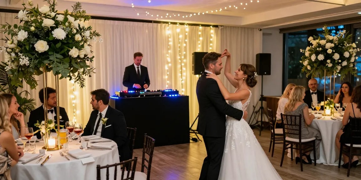 Hochzeit DJ Berlin während einer eleganten Hochzeitsfeier mit tanzendem Paar und festlicher Dekoration.
