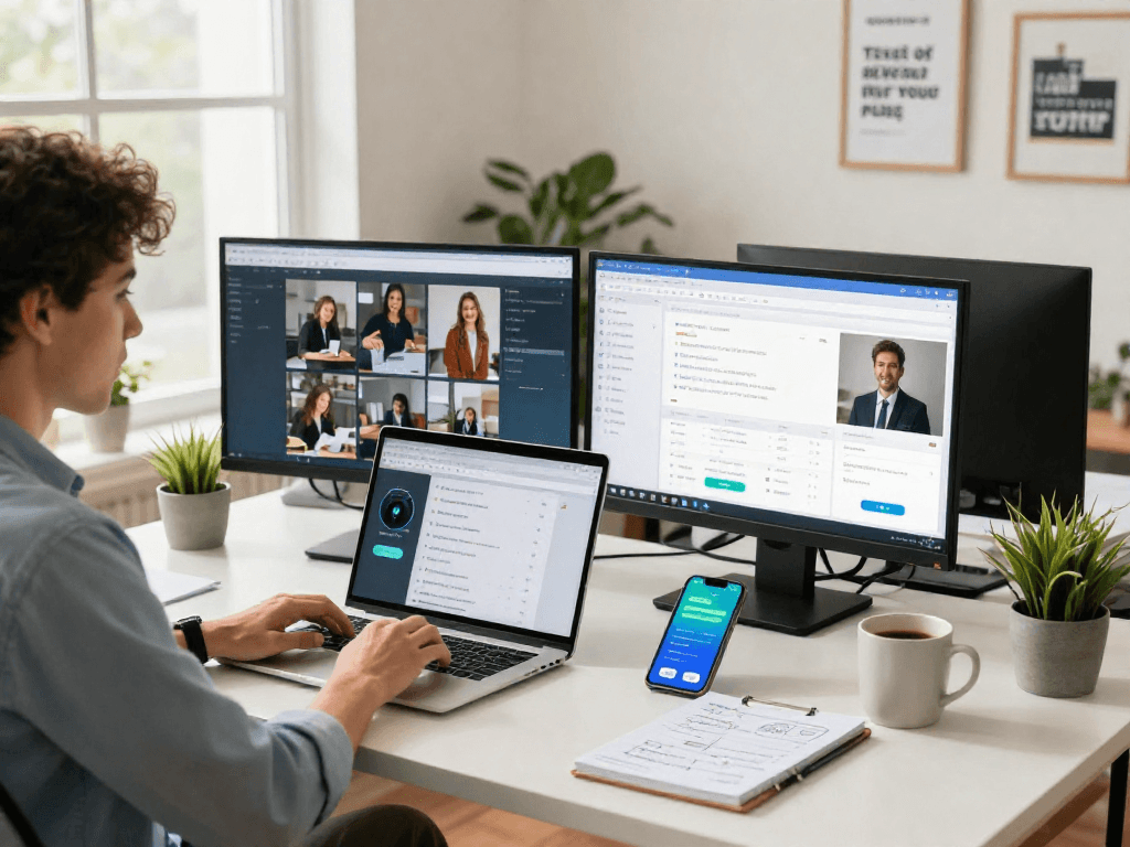 AI receptionist for small business managing customer calls and inquiries in a vibrant workspace.