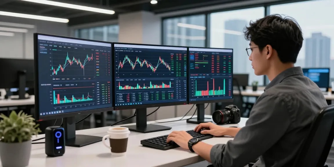 AiCoin 提供实时加密货币数据分析的开发者，专业化现代办公环境背景。