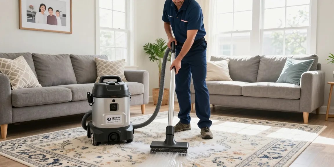 Professional carpet cleaning near me in a bright living room, technician using hot water extraction equipment.