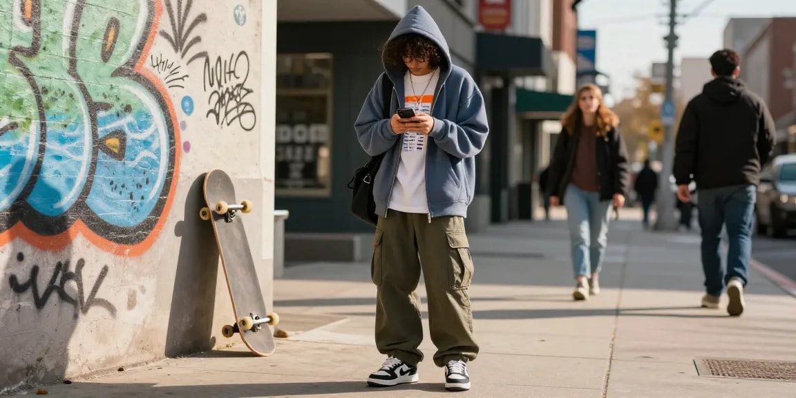 Individual exploring Acbuy spreadsheet deals in trendy streetwear on urban street.