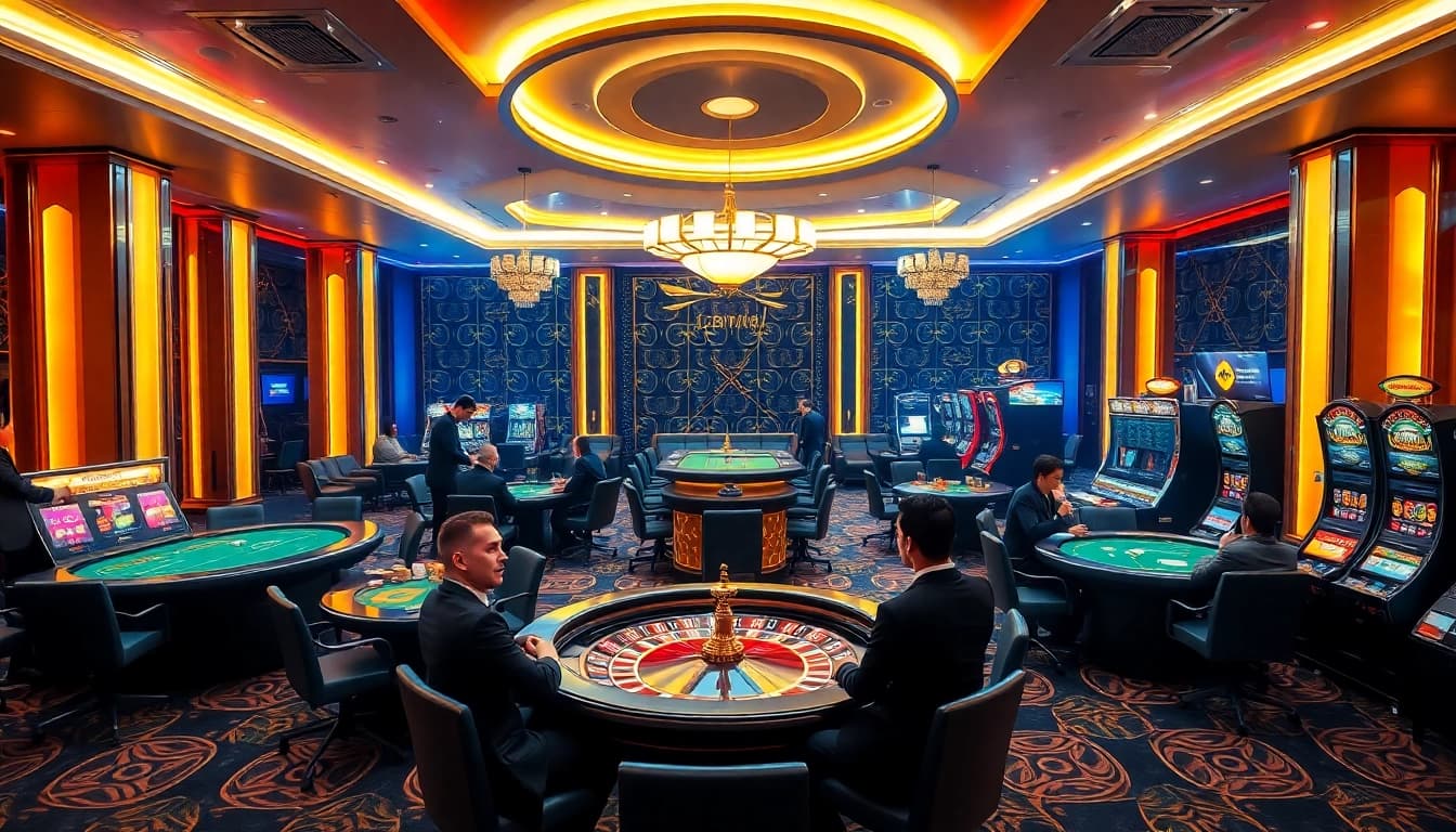 Players enjoying thrilling games at nhà cái 123WIN casino, surrounded by vibrant lights and excitement.