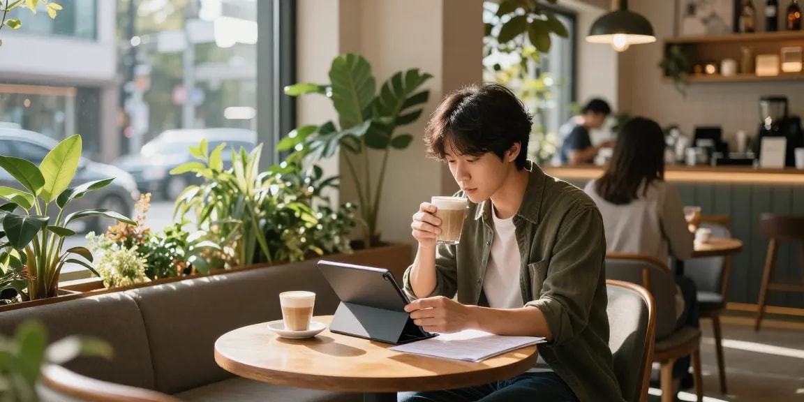 강남쩜오 멀리건 분위기에서 라떼를 즐기며 문서를 검토하는 장면