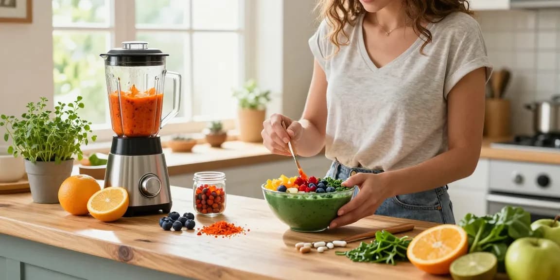 A woman preparing a vegan astaxanthin smoothie bowl in a bright kitchen with colorful fruits and greens.