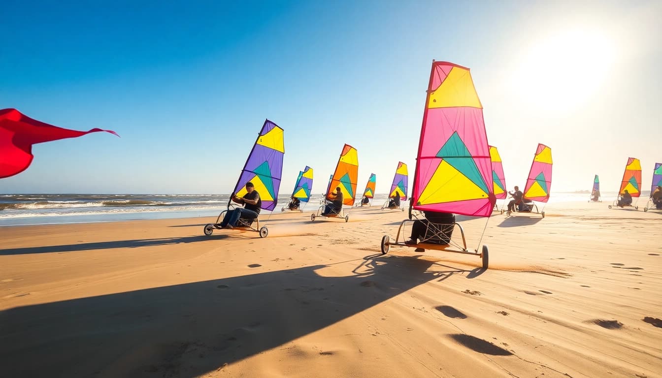 Blokarten plezier beleven bij https://www.blokartschool.nl met kleurrijke blokarts op het strand.