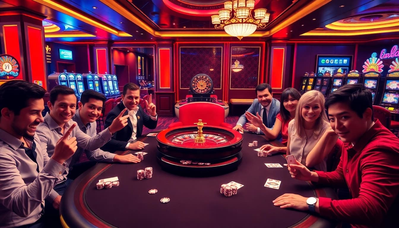 iwin players engaging in high-stakes poker action at a luxurious casino table.