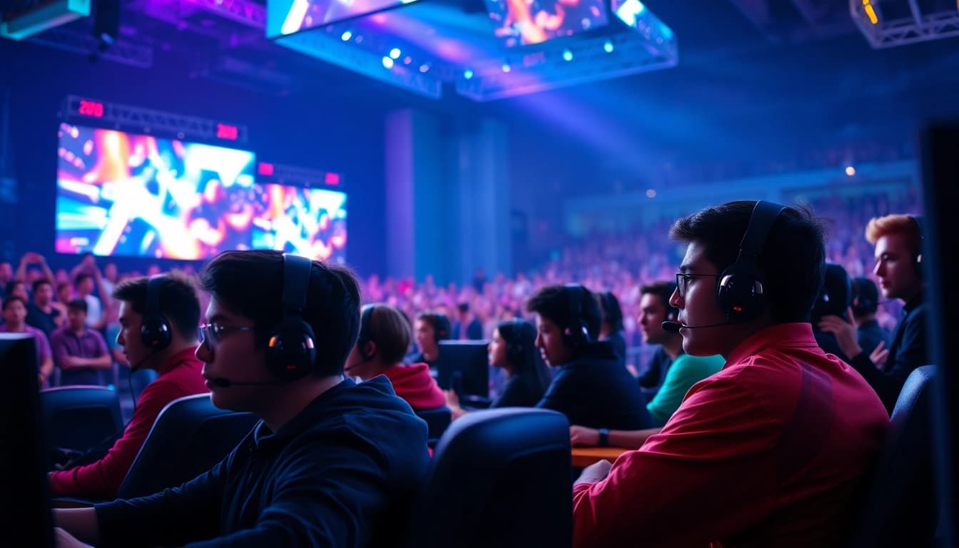 Engaged esports professionals at a vivid gaming event, highlighting https://gamelevate.com.