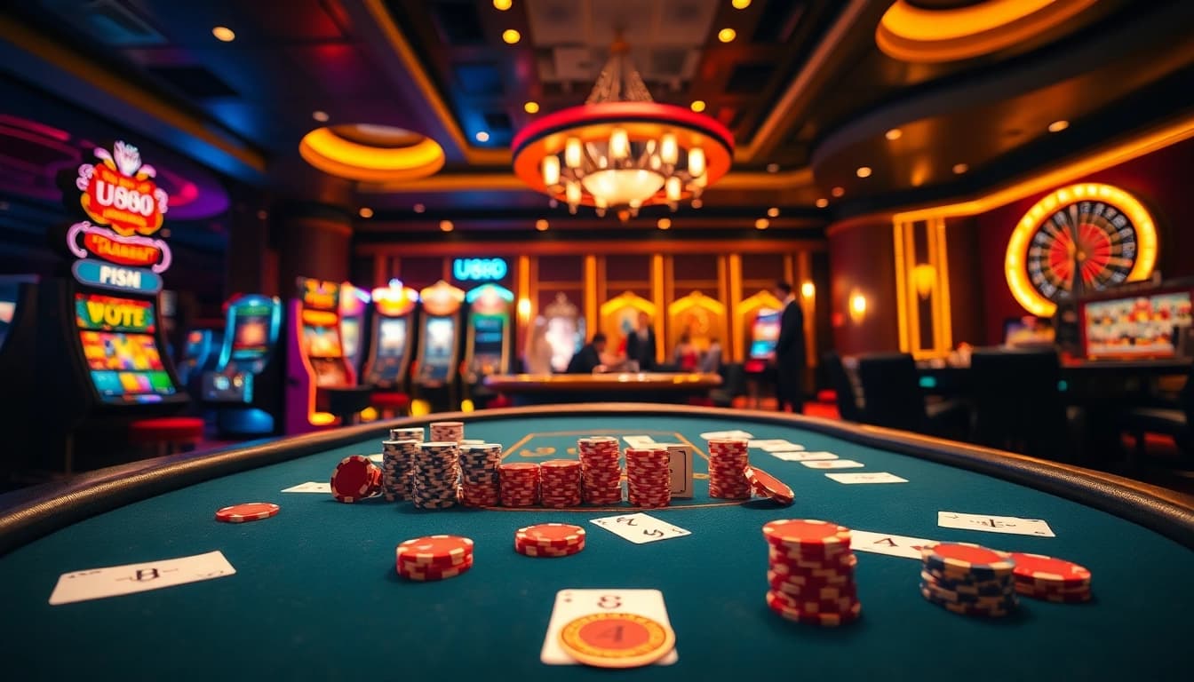 U888's exciting poker table with vibrant chips and elegant cards in a luxurious casino atmosphere.